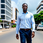 A confident, professional male traveler of African descent, wearing a modest, fully clothed, light business casual outfit, walking calmly on a clean, modern street in Libreville, Gabon, during daylight. The background features contemporary urban architecture, suggesting a well-maintained city. A subtle, distant police presence ensures public order. Professional photography, realistic, high detail, perfect anatomy, correct proportions, natural pose, well-formed hands, proper finger count, natural body proportions, safe for work, appropriate content, fully clothed, professional, family-friendly.