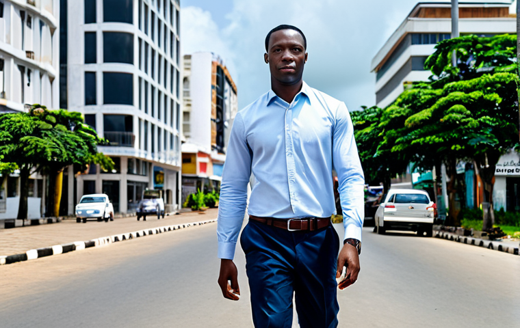 A confident, professional male traveler of African descent, wearing a modest, fully clothed, light business casual outfit, walking calmly on a clean, modern street in Libreville, Gabon, during daylight. The background features contemporary urban architecture, suggesting a well-maintained city. A subtle, distant police presence ensures public order. Professional photography, realistic, high detail, perfect anatomy, correct proportions, natural pose, well-formed hands, proper finger count, natural body proportions, safe for work, appropriate content, fully clothed, professional, family-friendly.