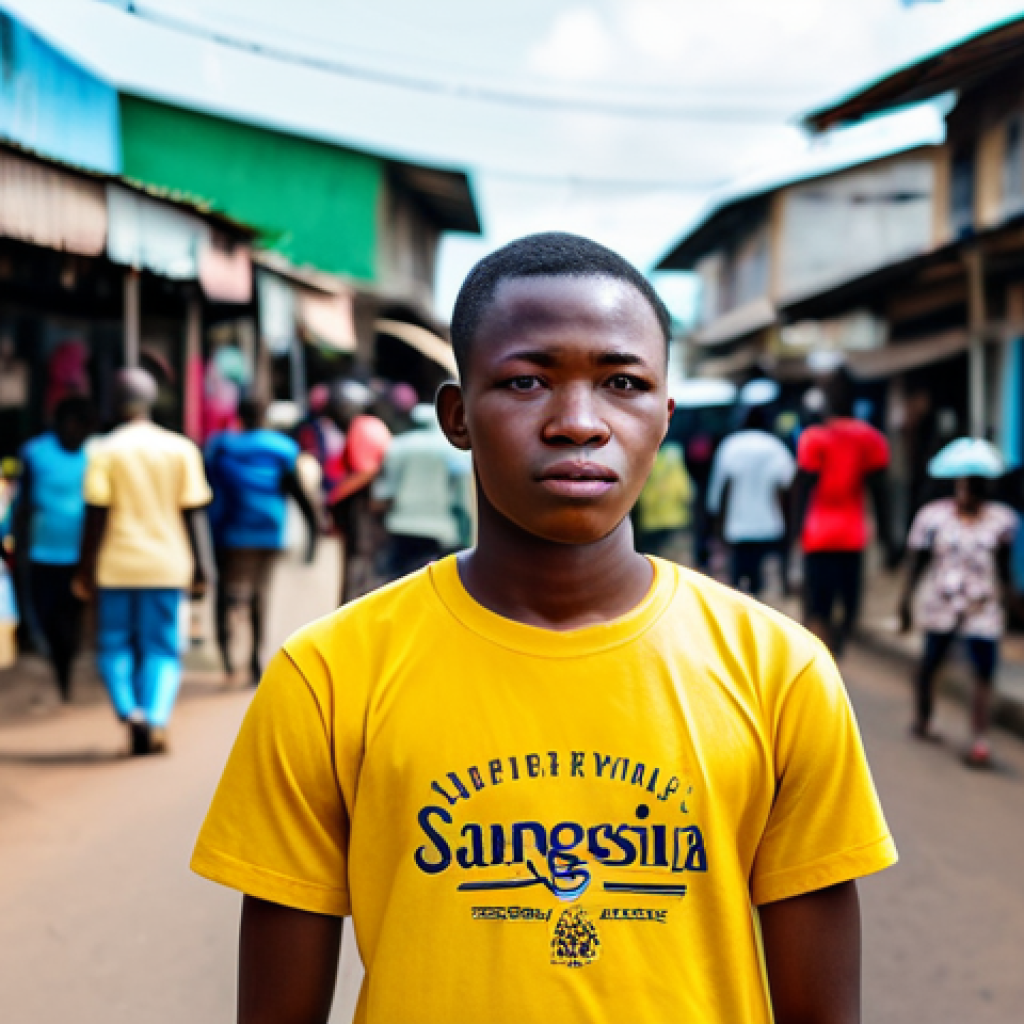 A thoughtful young adult, of Gabonese ethnicity, dressed in clean, modest, contemporary casual attire, standing in a vibrant yet subtly weathered urban market street in Libreville, Gabon. The subject has a determined yet hopeful expression, embodying the aspirations of the youth amidst everyday challenges. The background features local architecture and a few blurred figures, creating a sense of authentic community life. Perfect anatomy, correct proportions, natural pose, well-formed hands, proper finger count, natural body proportions. Professional photography, sharp focus, natural lighting, high quality, safe for work, appropriate content, fully clothed, modest clothing, family-friendly.
