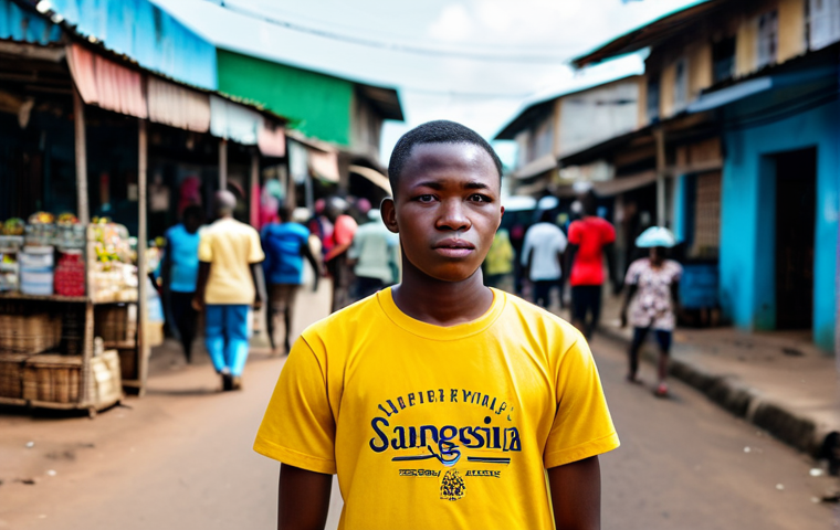 A thoughtful young adult, of Gabonese ethnicity, dressed in clean, modest, contemporary casual attire, standing in a vibrant yet subtly weathered urban market street in Libreville, Gabon. The subject has a determined yet hopeful expression, embodying the aspirations of the youth amidst everyday challenges. The background features local architecture and a few blurred figures, creating a sense of authentic community life. Perfect anatomy, correct proportions, natural pose, well-formed hands, proper finger count, natural body proportions. Professional photography, sharp focus, natural lighting, high quality, safe for work, appropriate content, fully clothed, modest clothing, family-friendly.