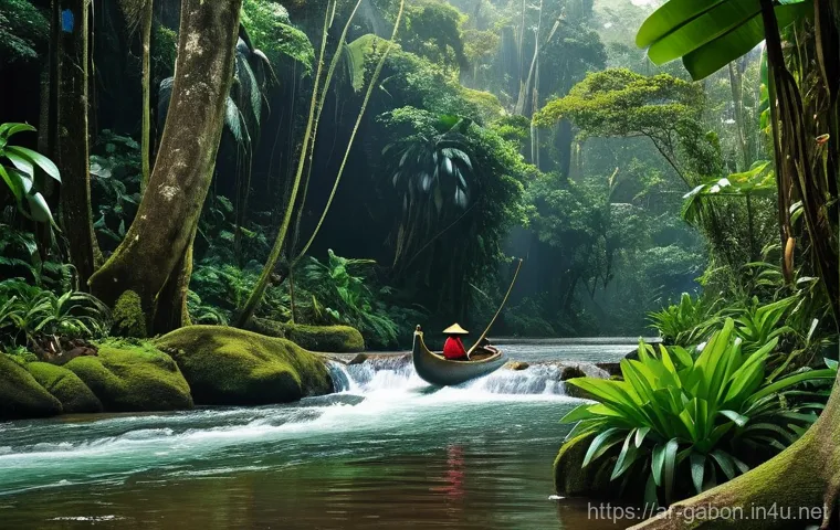 가봉의 우기와 건기 - **Prompt:** "A hyper-realistic, breathtaking view of Gabon's rainforest during the peak of the rainy...