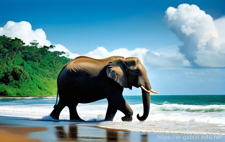 가봉의 우기와 건기 - **Prompt:** "An adventurous wildlife safari scene set in Gabon's Loango National Park during the dry...