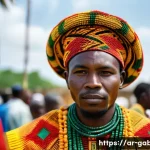 Home 22 가봉의 전통 의상과 복식문화 - A vibrant traditional Gabonese scene featuring a Bantu tribe member wearing a brightly colored kapa ...