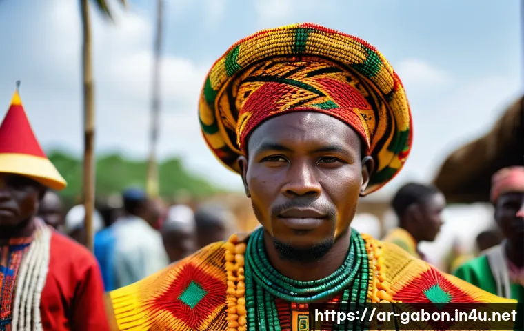 가봉의 전통 의상과 복식문화 - A vibrant traditional Gabonese scene featuring a Bantu tribe member wearing a brightly colored kapa ...