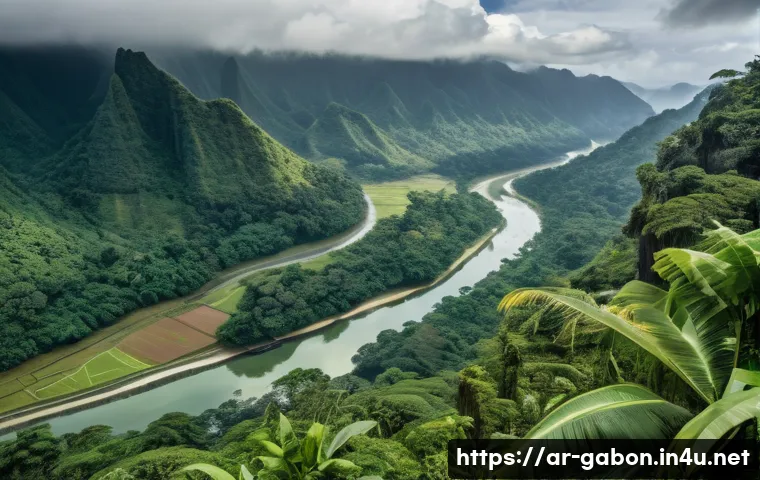 가봉과 카메룬의 국경 분쟁 - A detailed scene depicting the dense, tropical border region between Gabon and Cameroon, featuring l...