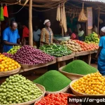 Home 20 가봉 생활비 및 물가 수준 - A bustling local market scene in Gabon featuring vibrant stalls with fresh fruits and vegetables, tr...