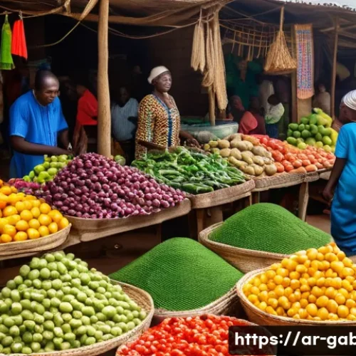 Home 32 가봉 생활비 및 물가 수준 - A bustling local market scene in Gabon featuring vibrant stalls with fresh fruits and vegetables, tr...