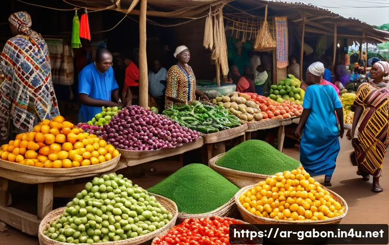 가봉 생활비 및 물가 수준 - A bustling local market scene in Gabon featuring vibrant stalls with fresh fruits and vegetables, tr...