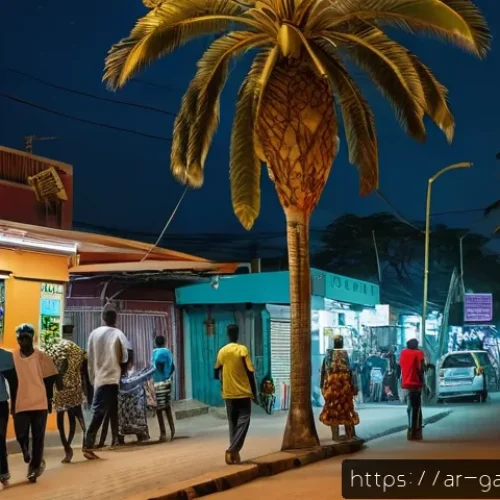 Home 31 가봉의 주요 범죄 유형과 예방 - A bustling urban street scene in Libreville, Gabon at night, showing diverse pedestrians walking car...