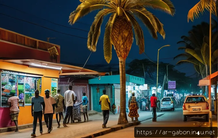 가봉의 주요 범죄 유형과 예방 - A bustling urban street scene in Libreville, Gabon at night, showing diverse pedestrians walking car...