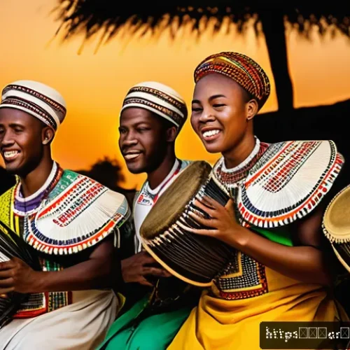 Home 30 가봉 음악과 전통 춤 - A vibrant traditional Gabonese festival scene featuring musicians playing the "Impandja," a stringed...