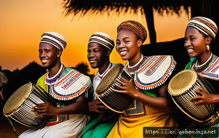 가봉 음악과 전통 춤 - A vibrant traditional Gabonese festival scene featuring musicians playing the "Impandja," a stringed...
