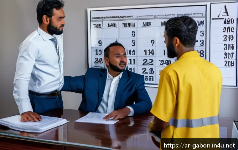 가봉 노동법과 근로 조건 - A professional office scene in Gabon showing a diverse group of workers, including Arab men and wome...