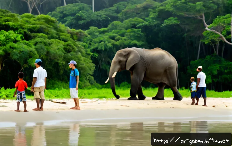 가봉 루앙구 국립공원 탐방 - Photorealistic wildlife exploration in Loango National Park, Gabon, an Arab family of adult eco-tour...