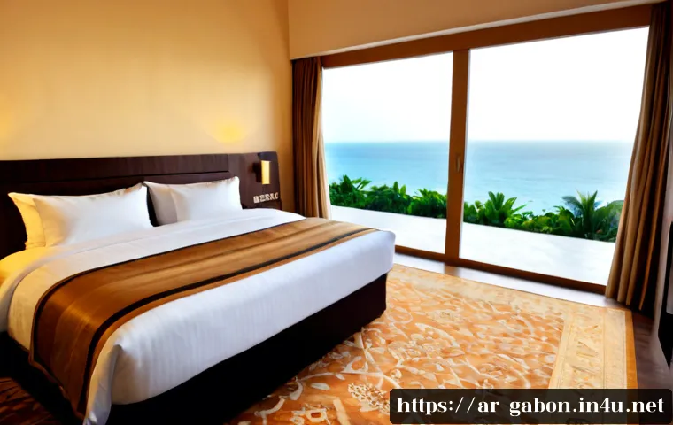 가봉 호텔 및 숙박 추천 - Photorealistic luxury hotel suite in Libreville, Gabon, designed for Arab travelers, elegant contemp...